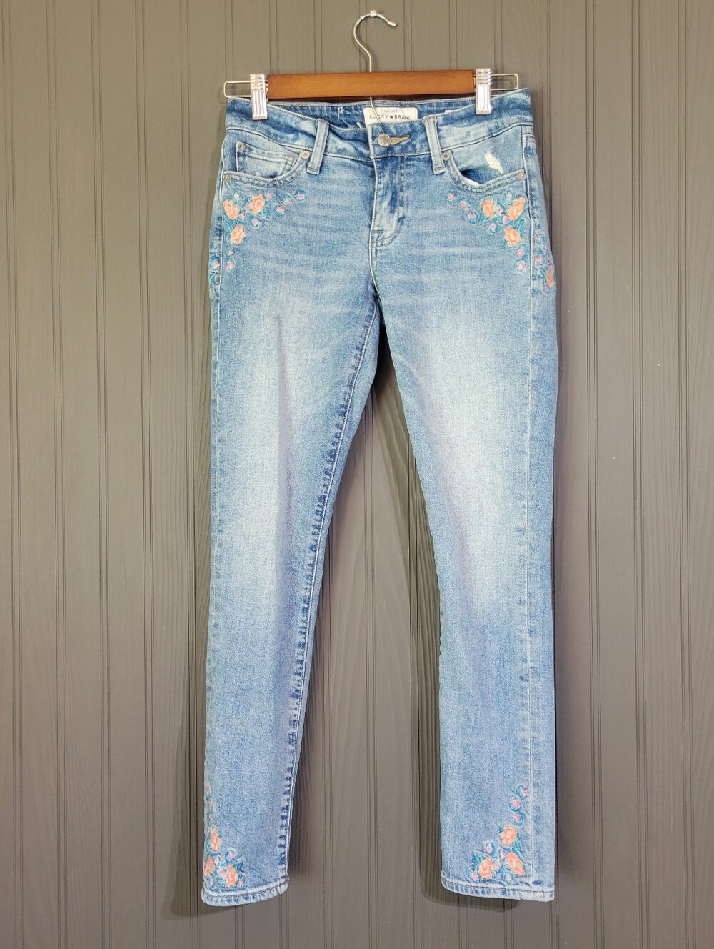 Lucky Brand Lolita Skinny Denim Jeans Embroidered Flowers Blue Women's 00/24